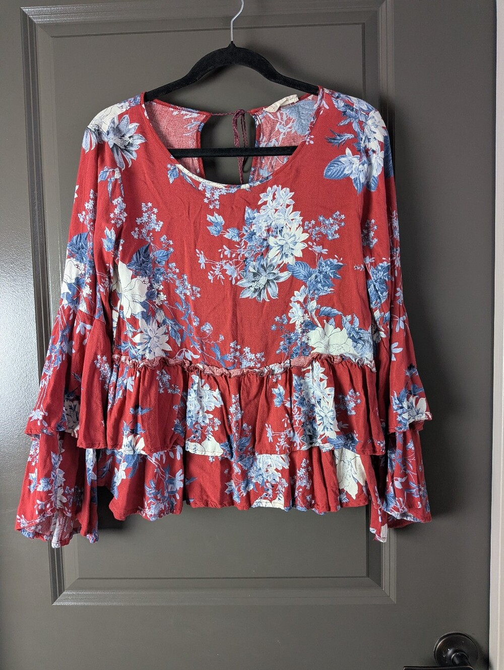 Altar'd State Long Sleeve Boho Style Floral Bell Sleeve and Ruffle Red Blouse S